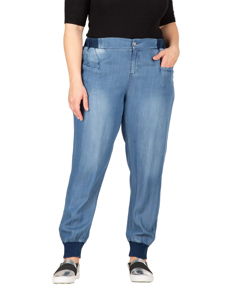 Front of a model wearing a size 14 Willow Rib Cuff Jogger Jean in 2319 Imperial by Standards & Practices. | dia_product_style_image_id:276135
